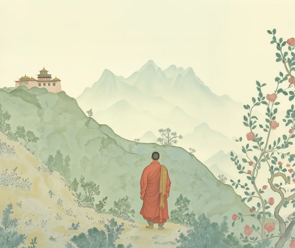 Monk looking at monastery in the mountains